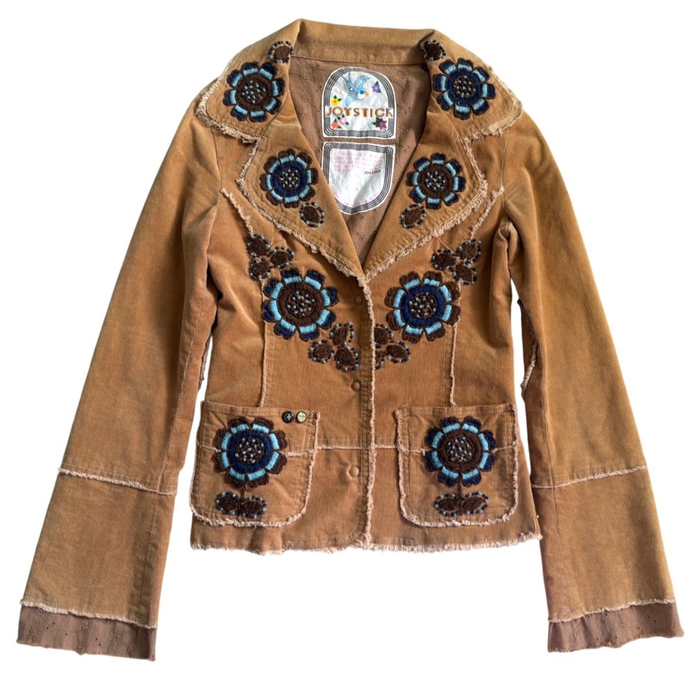 Y2K Johnny Was Joystick Brown Corduroy Blazer Jacket M Flower Embroidered Boho